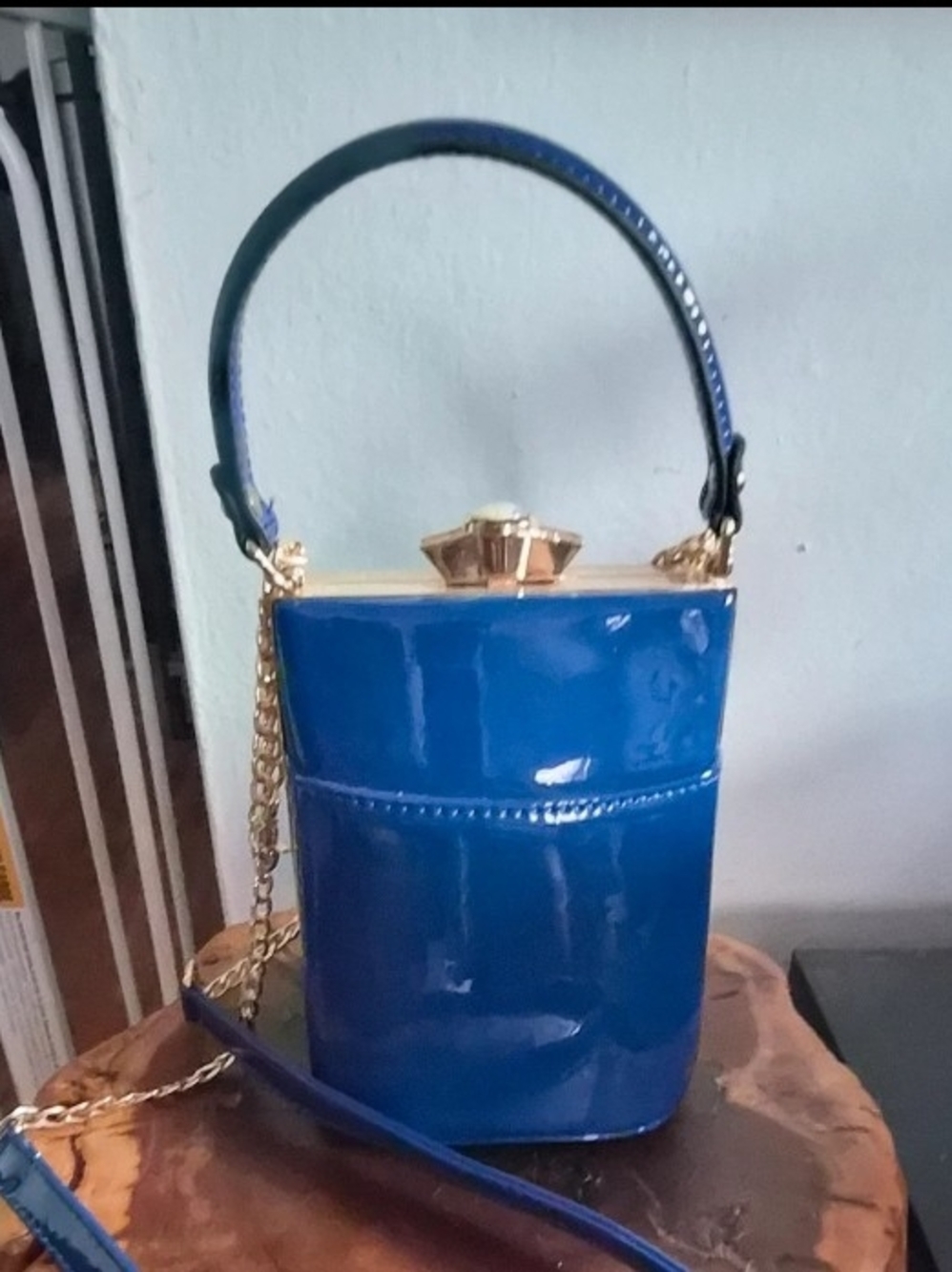 Compact Blue Patent Mini Bucket Bag with Gold Accents